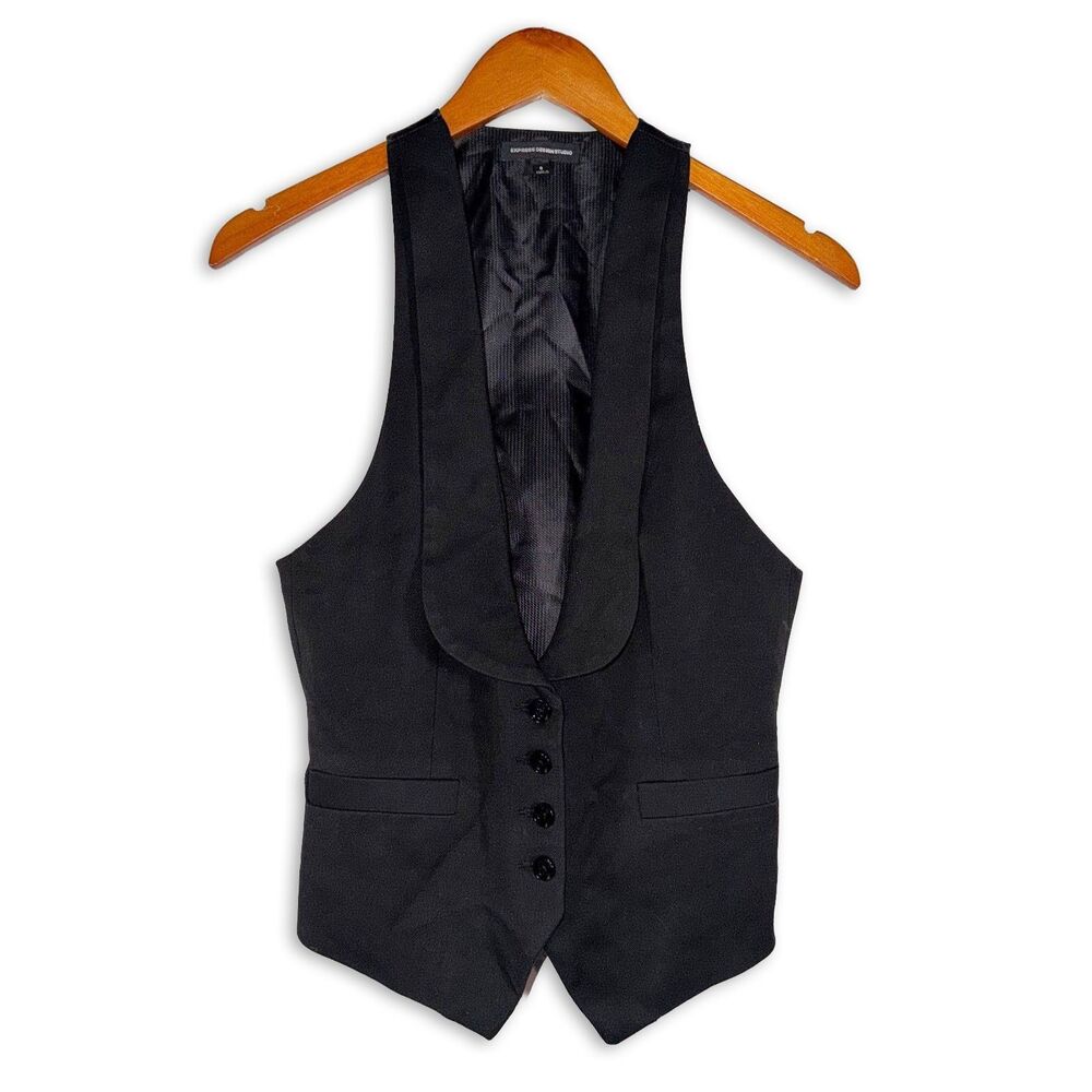 Express Design Studio Black Tuxedo Vest Size 8 Tailored Button Front Y2K